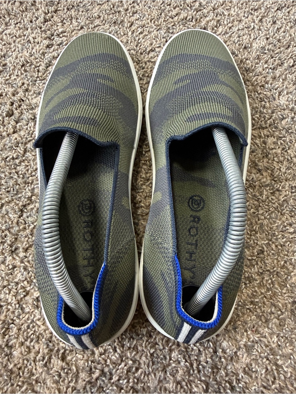 Rothy's Women's Slip-On Loafers in Olive Camo with Blue Trim - Picture 4 of 5